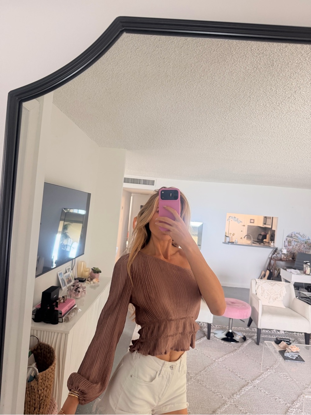 REVOLVE One-Shoulder Long-Sleeve Crop Top in Dusty Rose
